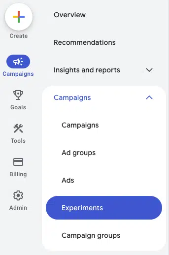Section des expériences Google Ads