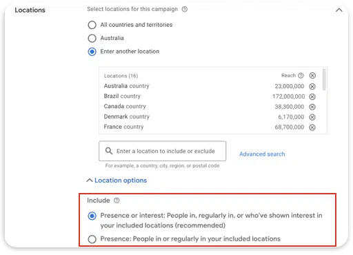 Google Ads - Paramètres des emplacements