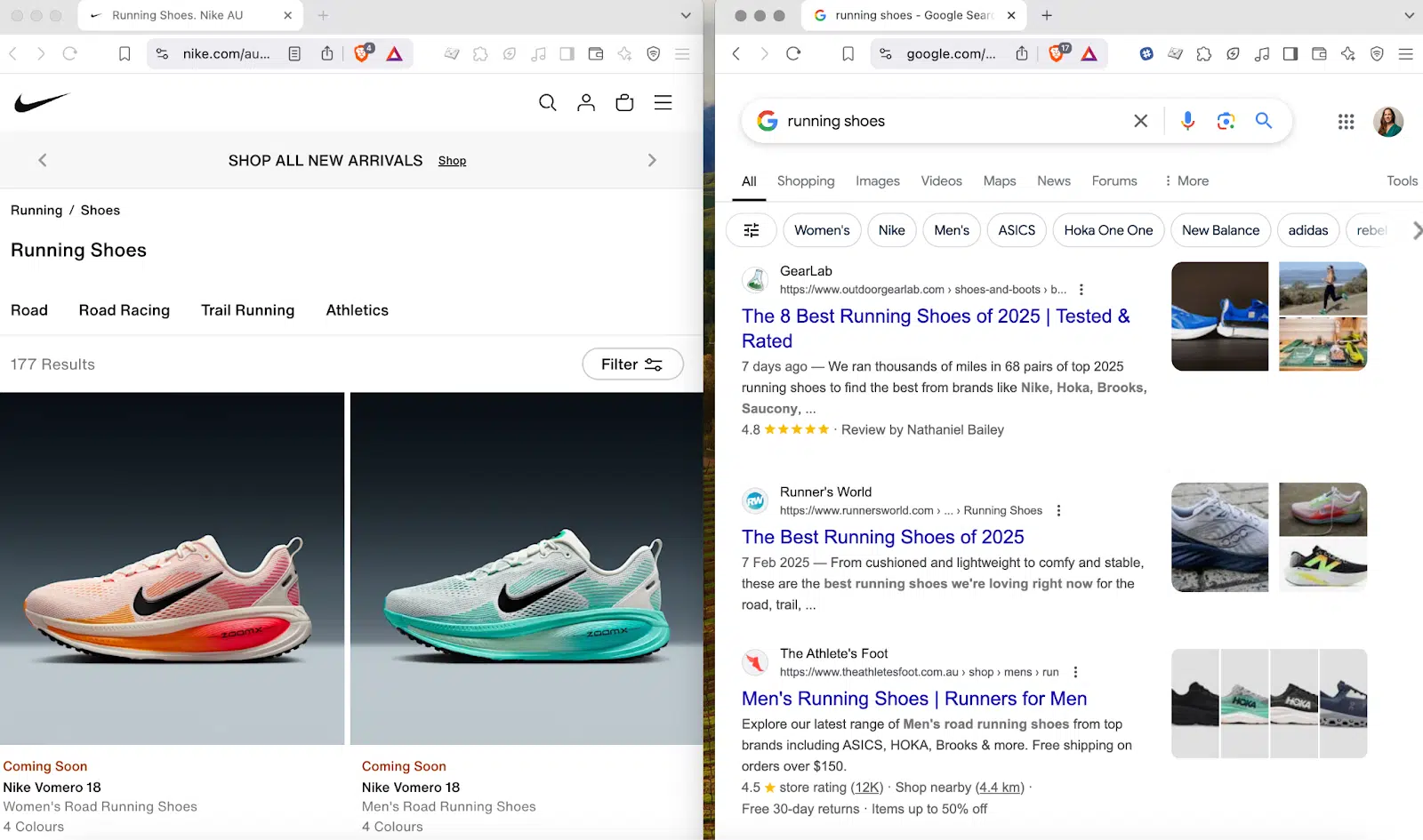 Site Web Nike contre Google Search - Chaussures de course
