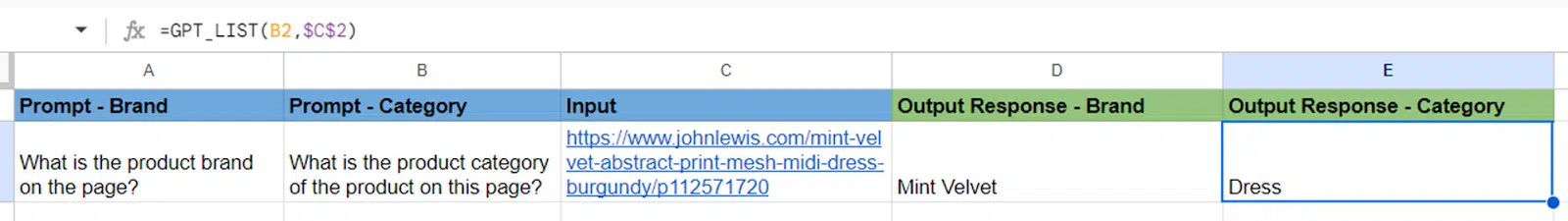 Exemple de sortie en vrac Google Sheets