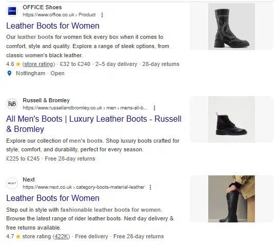 Exemples de listes de recherche de bottes en cuir