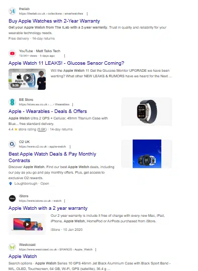 Exemple des listes de SERP Apple Watch