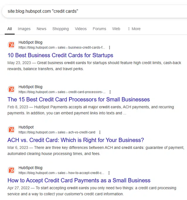Les articles de blog de HubSpot avec des sujets de carte de crédit