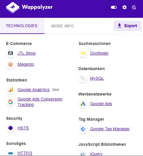 Exemple de résultats d'une analyse de Wapppalyzer