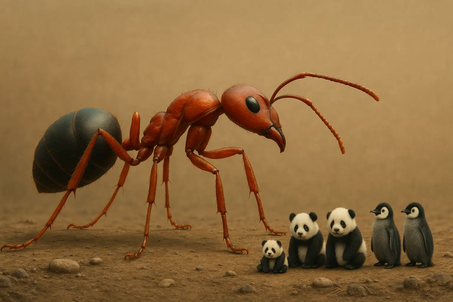 Une fourmi rouge plus de petits pandas et pingouins